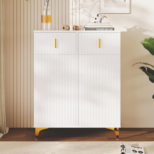 JCFEIDQW Zapatero, aparador, armario de almacenamiento, buffet con paneles estructurales, estantes ajustables y adornos dorados, con 2 cajones y 2 puertas, 83 × 35 × 101 cm (blanco)