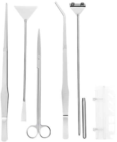 Juego de herramientas de acero inoxidable, kit de 6 herramientas para plantas de acuario, con raspador de algas, pinzas, tijeras, espátula, soporte acrílico, color plateado