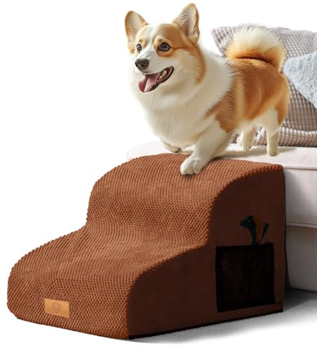 Masthome Dog Steps for Bed, 2-Step High-Density Foam Dog Ramp with Washable Cover, Non-Slip Pet Stairs for Small Dogs and Cats, 40x40x30cm,Brown