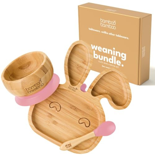 bamboo bamboo Baby sugkopp tallrik och skål för måltider och avvänjning, kanintallrik i bambu, barnskål och sked från 6 månader (kanin, rosa)