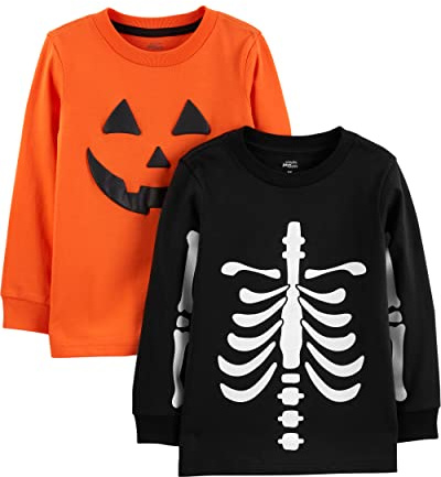 Simple Joys by Carter's Magliette a Maniche Lunghe per Halloween Bimbo, Pacco da 2, Scheletri/Stampa Zucche Di Halloween, 6-9 mesi