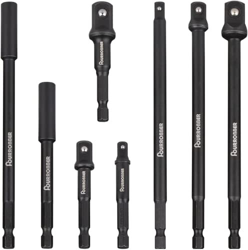 FOURROBBER Jeu d'adaptateurs de douilles hexagonales embout d'extensions 8 avec support de 3 pièces 1/4, 3/8 et 1/2, carré creux (8PCS)