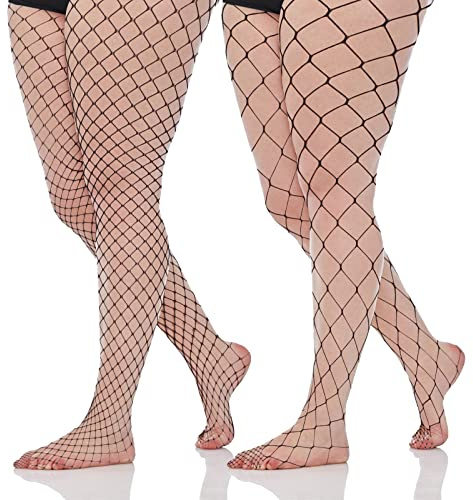 Geyoga 2 Pairs Plus Size Fishnet Tights Mesh Women's Pantyhose Black Thigh High Fishnet Stockings for Women(Stylish Style)
