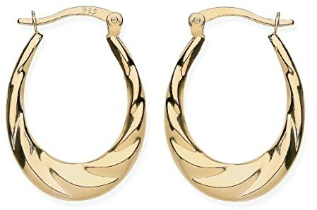 9ct Gold on Silver Oval Creole Hoop Earrings - Swirl Patterned
