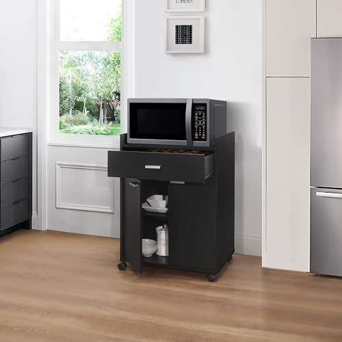 Kings Brand Furniture Kitchen Cart on Wheels, Rolling Microwave Stand with Drawer and 2 Doors, Storage Cabinet for Kitchen or Dining Room, Black