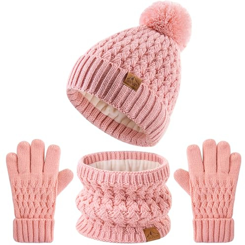 Ensemble bonnet d'hiver à pompon et gants Scart pour enfants, bonnet en laine tricoté doublé polaire pour garçons et filles, pour enfants de 3 à 9 ans