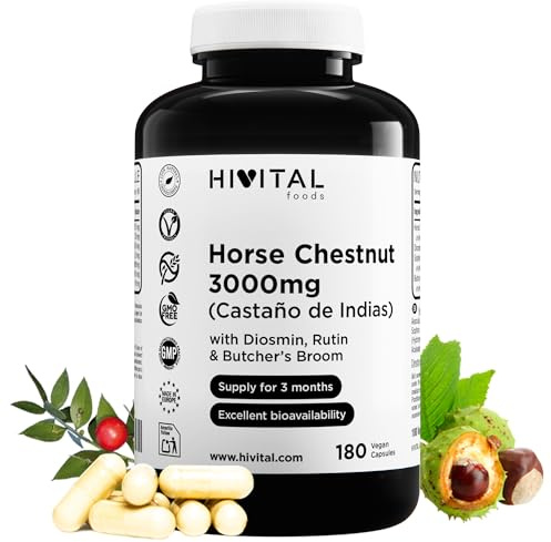 Hästkastanj 3000 mg. 180 veganska kapslar för 3 månaders behandling. | Naturligt Hästkastanjextrakt med Diosmin, Rutin och Ruscus. Aesculus Hippocastanum. Tillverkad i Europa av HIVITAL