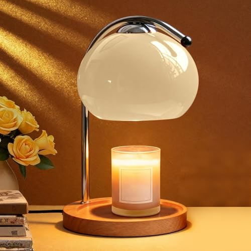 Topyond Retro Candle Warmer Lamp with Wood Storage Tray(Beige) | Aroma Wax Melting Lamp with Wood Storage Tray Heating Candle Lamp Desk Lamp Bedroom Bedside Ambient Table Lamp Home Decor