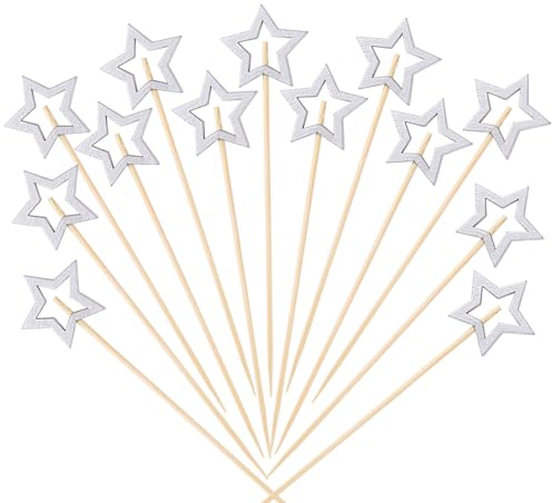 ENLACE Pinchos de cóctel con forma de estrella plateada, 50 unidades de palillos de madera para cócteles navideños, brochetas de frutas, palillos de madera para comida de dedo, 14 cm, brochetas de
