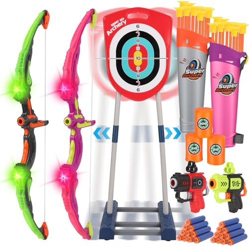 Apritsce Pfeil Und Bogen Set für Kinder, 2 Pack Bogenschießen Kinder mit LED Leuchten, Kinderbogen Pfeil mit Saugnapf Pfeile, Stehend Bewegliches Ziel, Pfeilhalter, Spiele für ab 4-14+ Jahre