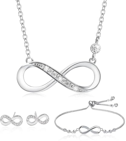 Aucuu Jewellery Sets for Women, Sparkling Infinity Pendant Necklace Bracelet and Earrings Set,Adjustable Fashion Necklace Bracelet Set, Elegant Cubic Zirconia Necklace Bracelet Earrins gifts for Wife