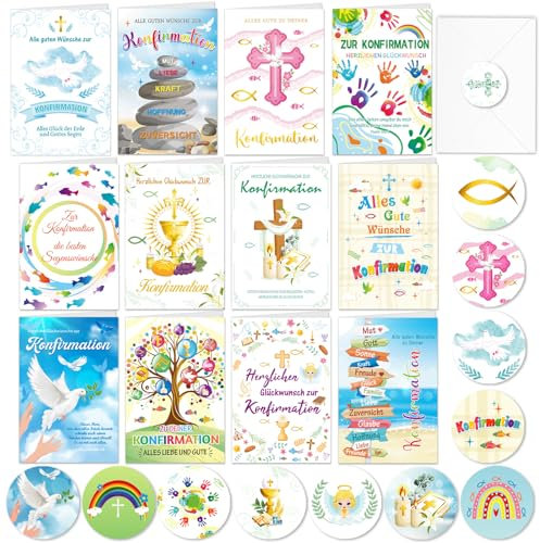 HOWAF 12 Stück Konfirmationskarten mit Umschlag Aufkleber, Konfirmationskarte Karte Konfirmation Karte zur Konfirmation, Glückwunschkarte zur Konfirmation, Konfirmation Geschenk Mädchen Junge