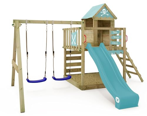 WICKEY Aire de Jeux Smart Cave portique en Bois avec balançoire et Toboggan, Tour d'escalade pour Enfants avec bac à Sable, échelle et Accessoires de Jeu pour Le Jardin. (Bleu Pastel)