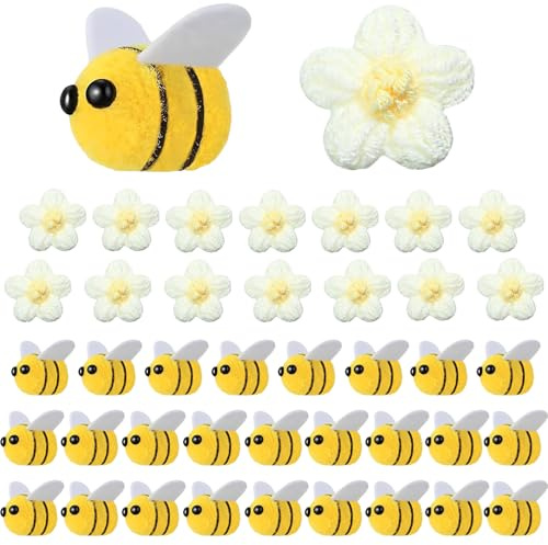 JOOTUEPO Abejas de fieltro para manualidades y conjunto de flores tejidas, 40 piezas de decoraciones de abejas de lana, flores tejidas de lana de peluche, decoraciones de abejas de lana para