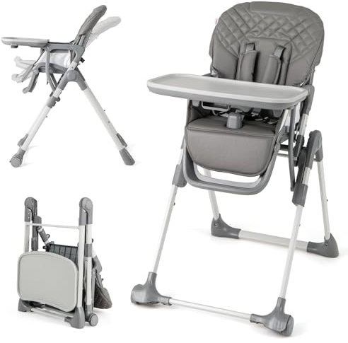 COSTWAY Trona de Bebe Plegable, Trona Portátil Ajustable con Reposapiés, Bandeja Desmontable, 5 Altura Ajustables, Cinturón de Seguridad de 5 Puntos y Ruedas, Silla Alta para Bebe (Gris)