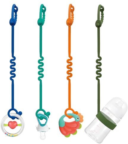 Cadena para chupete de silicona – Correas de juguete ajustables de silicona para bebés y clip de silicona para chupete para cochecitos, tronas, cunas, asientos de coche (hierba+azul+naranja+oliva)