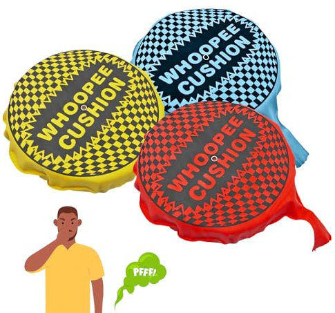 JazRvr Lot de 3 coussins péteurs gonflables pour enfants, en jaune, rouge et bleu, idéal pour les plaisanteries et les fêtes, sûrs et durables pour les enfants à partir de 3 ans