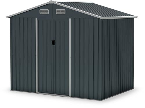 RELAX4LIFE Casetta da Giardino 226x 162 x 196 cm in Metallo da Giardino, con Fondazione Integrata e 4 Prese d'Aria, Tetto Spiovente, Design con Doppia Porta Scorrevole, Grigio