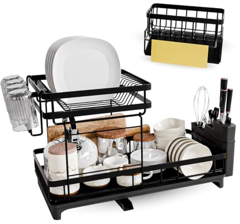 Escurridor de Platos Acero Inoxidable con Soporte para Esponja, Jabon y Paño de Cocina - Escurreplatos sobre Fregadero Grande 2 Niveles Ajustables para Fregadero con Drenaje Giratorio