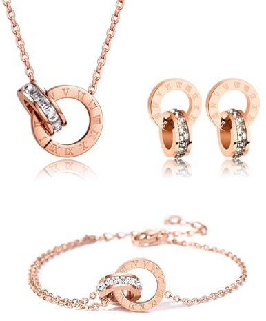 Gkaopi Jewellery Set for Women Girls 18K Gold Plated Stainless Steel Necklace Bracelet and Stud Earrings Set Roman Numerals Circle Zircon Pendant Adjustable Elegant Jewellery (Rose Gold, one size)