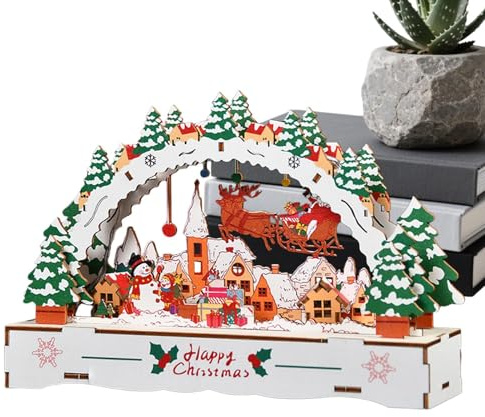 DIY Julby i trä: Upplysta Skrivbordsdekorationer, Festlig Trä Stuga Dekoration, Mini Julstad, Perfekt För Samlare, Li