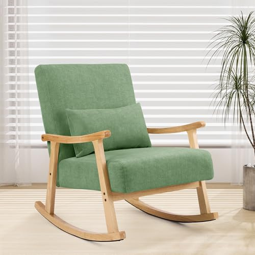 XH.Easy Go Rocking Chair,Upholstered Nursing Chair with Lumbar Pillow,Nursery Rocking Chair for Adults with Solid Wood Base, Leisure Lounge Armchair for Living Room Bedroom,Green