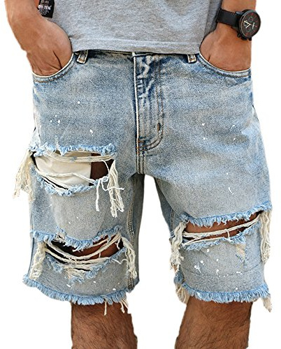 keephen Pantaloncini in Denim Vintage Effetto Invecchiato, bucati Strappati, Pantaloncini Jeans, Pantaloncini Larghi e Dritti