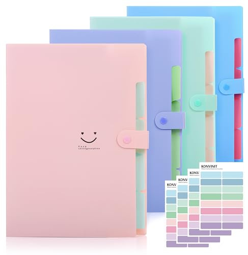 KONVINIT 4 Pack Expanding File Folder A4 File Organiser High Capacity Plastic Filing Folder with Colored Labels
