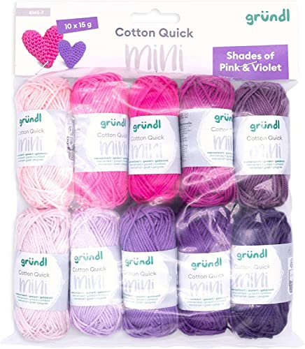 Gründl Wolle Cotton Quick Mini Shades - dünne Wolle zum Häkeln von kleinen Figuren - Glänzend und hautfreundlich - 100% Baumwolle - 10 Miniknäuel 15 g / 37 m - Nadelstärke 3-4 - pink and violet
