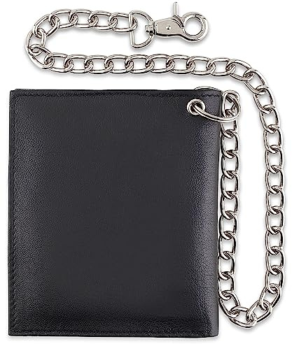 F&L CLASSIC Mens Chain Wallet Large Capacity | RFID Blocking | Buffalo vintage Leather | Bi-Fold Big Hipster | 186 black w/chain