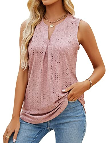 HANERDUN Femmes Débardeurs Évidés Col en V Plissé Chemises d'été sans Manches Chemisier Hauts de Gilet décontractés et Amples