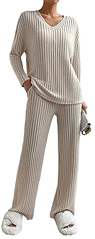 SotRong Set Co Ord in Maglia a Costine per Donna - IT 2 Pezzi Tuta da Ginnastica Set Completo Pigiama da Donna Abbigliamento da Casa Pigiami Notte, A-albicocca, XXL
