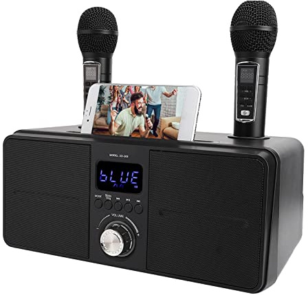 Máquina de Karaoke, Tarjeta de Audio Portátil, Altavoz de Karaoke Bluetooth, Kit Familiar KTV con 2 Micrófonos Inalámbricos, para Fiesta Familiar en Casa (Black)