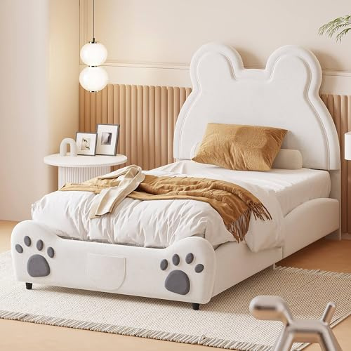 Sweiko Lit rembourré, Cadre de lit en Forme d'ours, lit Simple en Velours Doux pour la Peau (sans Matelas) (White, 90 x 200 cm)