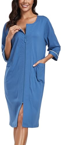 COLORFULLEAF Damen Bademantel mit Reißverschluss Leicht Morgenmantel 100% Baumwolle Hausmantel 3/4 Ärmel Nachthemd mit Taschen(Blau,2XL)