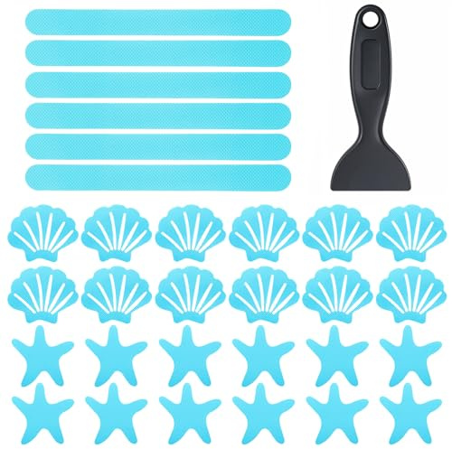 Qianyu Set di 30 adesivi antiscivolo originali per vasca da bagno, a forma di stella marina, adesivi per doccia, strisce di sicurezza antiscivolo con raschietto per bagno, vasca da bagno, piscina,