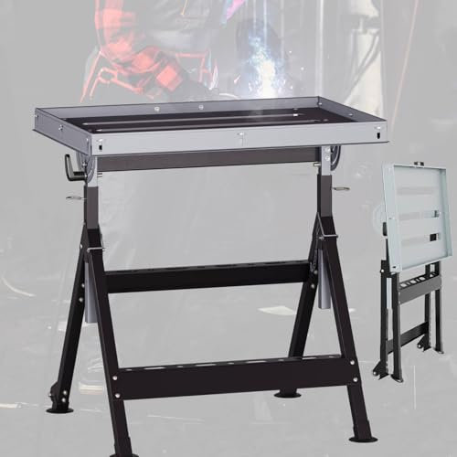 TANGZON Folding Welding Table, 180 KG Load Tiltable Steel Workbench with 4 Height Levels 5 Tilt Angles 3 Slots 2 Tool Racks 2 Castors, Welding Working Table for Home Garage Workshop