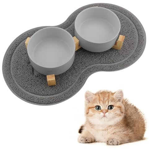 Zosenyer Gamelle Chat Surélevée avec Support, 400ML Gamelle Eau Chat, Tapis Chien Design à Double Bols, Idéal pour Les Chiots et Les Chats (Gris)