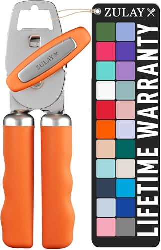 Zulay Kitchen Apriscatole manuale in acciaio inox resistente con apribottiglie, antiruggine, con manopola girevole e comoda impugnatura morbida, arancione