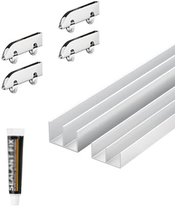 Generisch Doppelschienen-Schiebetür-Hardware-Kit, versteckte Schiebetürschiene und Rollen for Glastüren in Küche und Wohnzimmer, Silber(200cm)