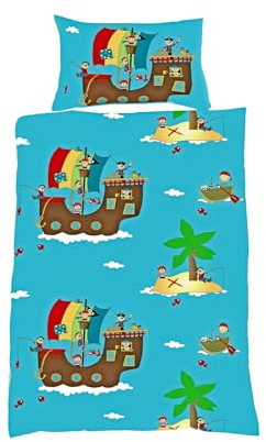 JACK by Fleuresse Kinder Biber Baby Bettwäsche 2 TLG. 100x135cm Pirat Schiff Abenteuer Blau Bunt Reißverschluss