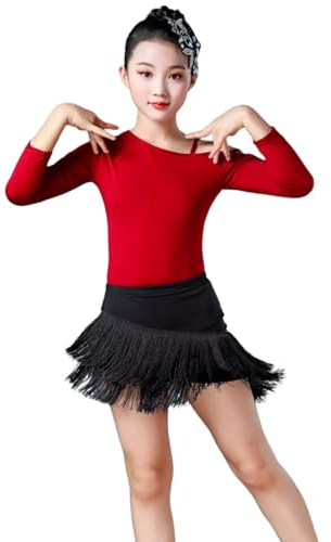 Flicka tofs latinsk klänning, danstävlingsdräkt, tofs balsal Scenkostym Tango partykjol