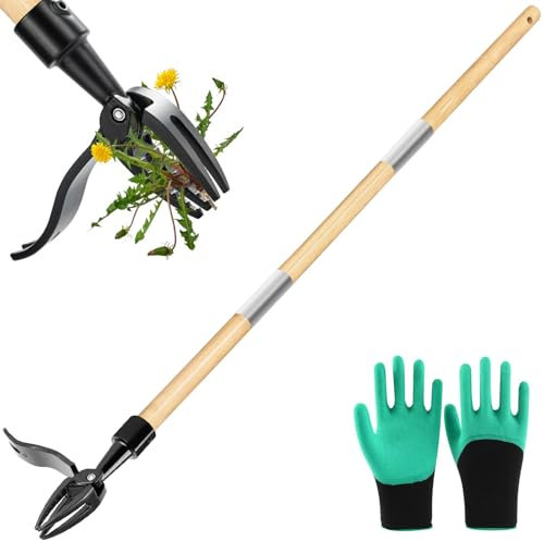 Raxfekro Picadora de malas hierbas de pie, 110 cm, de aluminio, 4 garras de madera natural, mango de diente de león