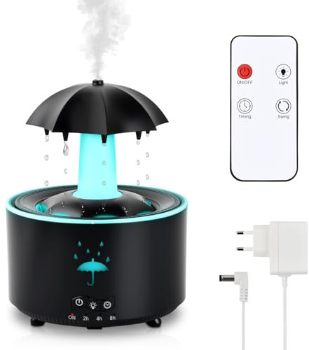 Umidificatore a pioggia 300 ml, Umidificatore ad aria ombrello, diffusore olio essenziale, umidificatore lampada LED a 7 colori, diffusore aromaterapia con controllo remoto per camera da letto