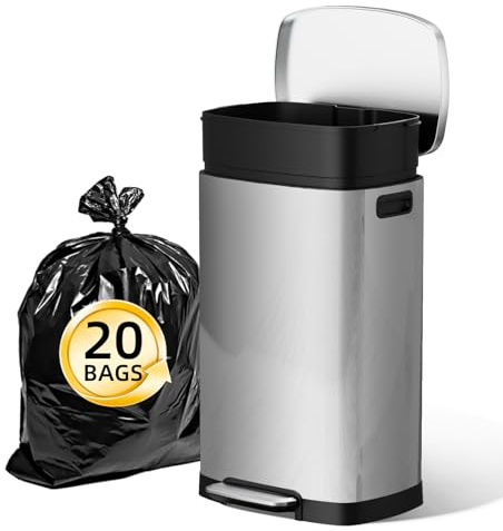 KSSKSS Cubo de Basura para Cocina de Acero Inoxidable con Pedal, 50 Litros, Tapa de Cierre Suave, Cubo Interior Extraíble, Rectangular