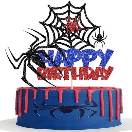 Xsstarmi 2 Pack Spider Happy Birthday Cake Topper Spider Glitter Spider-Web Cake Pick for Baby Shower Boys Kids Birthday Party Cake Decorations Supplies