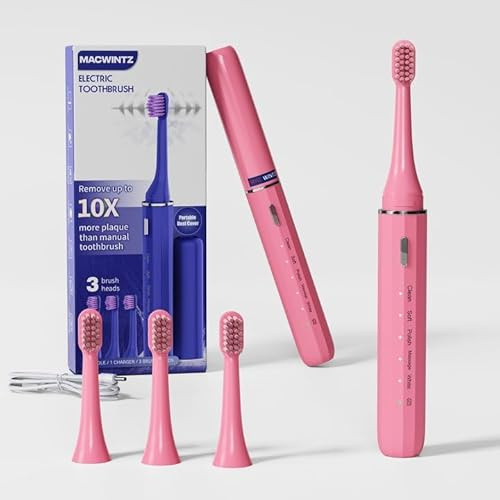 MACWINTZ Travel Electric Toothbrush, 5 Modes, 30,000 VPM, IPX7 Waterproof, 3 Brush Heads, 1 Dust Cover, with Smart Timer, Long Battery Life Rechargeable Travel Toothbrush (Pink)