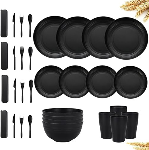 VIRAHYEM 32 Pieces Plastic Dinnerware Set, Unbreakable Tableware Sets, Plastic Plates and Bowls Set, Microwave & Dishwasher Safe, Reusable Tableware for Camping, Picnics and Everyday Use (Black)