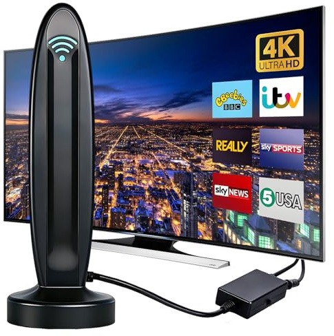 Antena DVB-T2 con amplificador para interior - Antena de habitación para televisor, DVB-T/T2, antena de TV 4K UHD Full HD, recepción 360° hasta 500 km, canales gratuitos