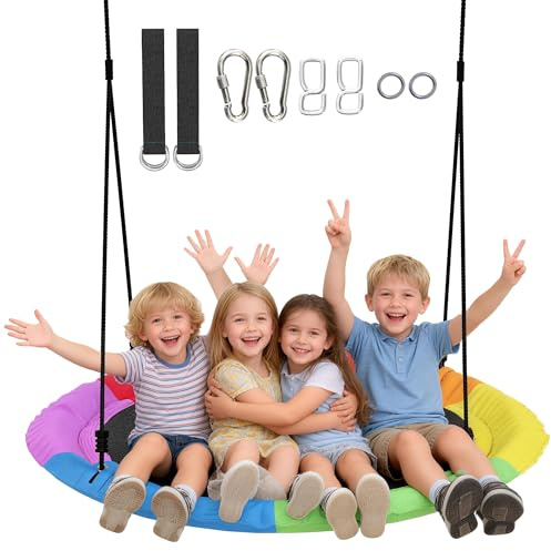 AIYAPLAY Columpio Nido Infantil, Ø120 cm, Altura Ajustable, Columpio Redondo para Bebés para Árbol, Carga 300 kg, para Interior y Exterior, para 4 Niños de 3 a 8 Años, Multicolor